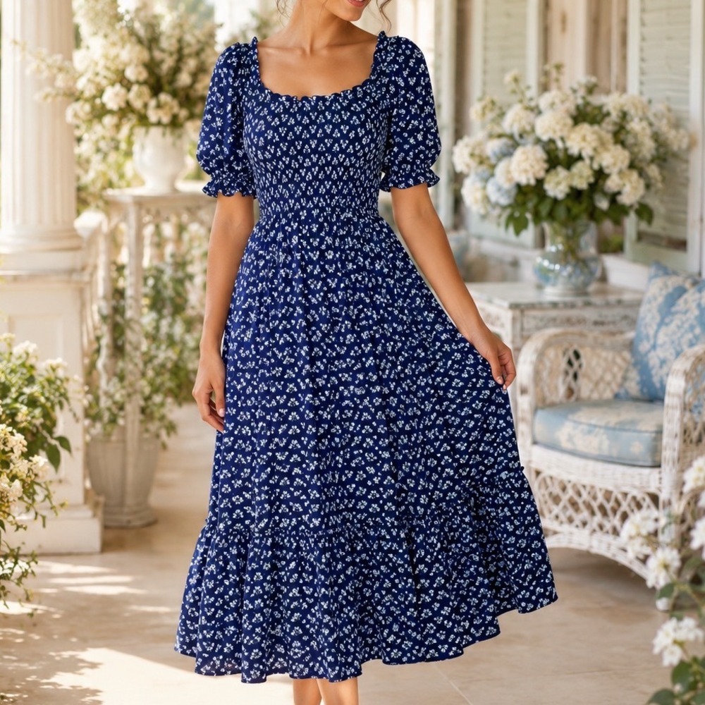Hill House Home Ellie Nap Dress Navy Blue Floral Smocked Midi XS Pocket  A4